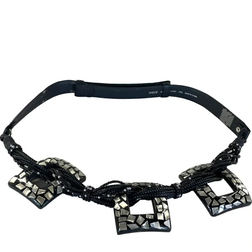 Chico's Black Leather Adjustable Belt w/ Beads & Mother of Pearl Like Inlay S/M - Picture 4 of 11